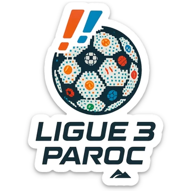 Le logo présente un ballon de football moderne, stylisé en forme de globe digital composé de petits pixels ou emojis sportifs, symbolisant l’alliance entre sport et numérique. Deux points d’exclamation "!!" dynamiques, en biais et colorés, sont placés en haut à gauche du ballon comme un emblème, évoquant l’intensité et l’enthousiasme de la ligue.

En dessous, le nom "Ligue 3 Paroc" est écrit en lettres audacieuses, avec une typographie sportive mais légèrement futuriste. Le mot "Paroc" est accompagné de son emblème discret (ex. : une petite montagne ou vague, selon l'identité visuelle de Paroc Sport). sticker