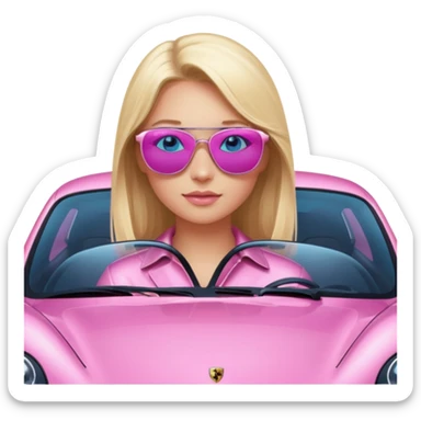 pink Porsche taycan with blonde girl, blue eyes, girl in front of the car sticker