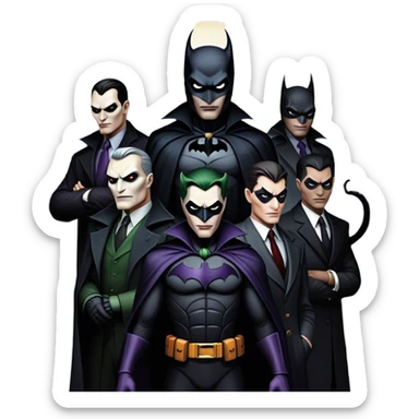 Icon for Thriller Movies: A large, dramatic collage featuring sinister villains in dark clothing. The background shows the gloomy cityscape of Gotham, with dim lighting and eerie shadows. The atmosphere should be tense, mysterious, and suspenseful. Transparent background. sticker