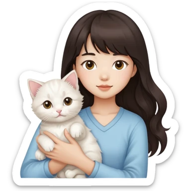 Asain girl with long wavy dark brown hair and bangs carrying a white kitten  sticker