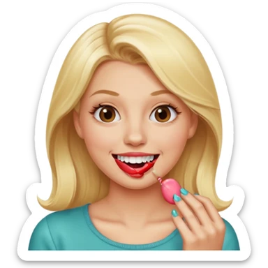 Elle fais une peu petasse, elle se mord le coin la lèvres. Elle est blonde. Ongles vernis marrons. Elle mâche un chewing-gum  sticker