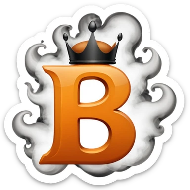 Create a stylized letter 'B' in bold ginger color, designed to stand out with a see-through effect. Add a sleek black crown on top with three rounded points. Surround letter with ginger-colored smoke. Ensure the design feels modern.   sticker