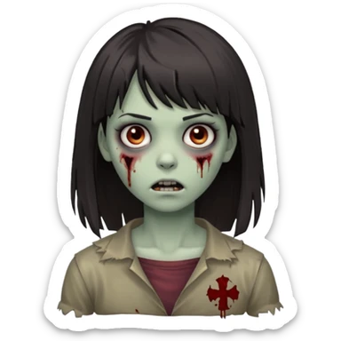  iPhone emoji is a zombie girl with dark hair long below her shoulders bangs and a ragged haircut gray eyes sticker