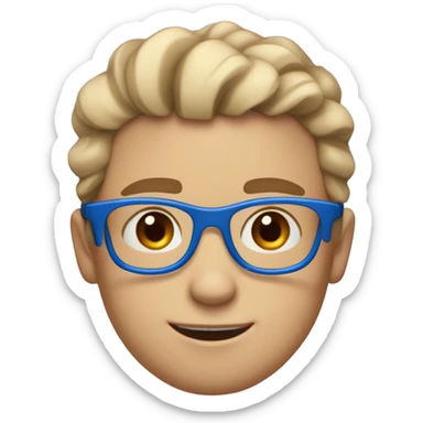 boy with red dimples ( small ) blue eyes, blue glasses with 2 stripes between the 2 actual glasses, beige skin, messy hair but like fine hair, orange-brown colored hair and eyebrows  sticker