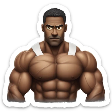 A very very very hyper-muscular man with veins prominently visible across his arms and chest. The individual has an exaggerated physique, with massive arms crossed over a well-defined six-pack, creating a surreal and intense visual. sticker