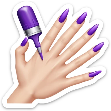 A close-up illustration of a hand with long, glossy purple-painted nails. A nail polish brush is shown applying purple polish to one of the nails, with smooth, clean strokes. The style is bright, polished, and emoji-like, emphasizing nail care, beauty, and manicure aesthetics. sticker