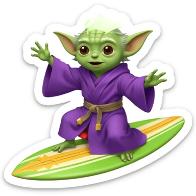 yoda in a purple robe flying in a rocket like surfing sticker