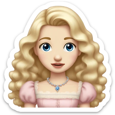 Girl is crying. with blonde hair pale skin blue eyes. Pink lips blush (but not too much). Vintage blowout with long hair not too curly.  light pink princess dress, puffed sleeves, dainty choker necklace (think Versailles but not too much).  sticker