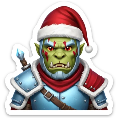 
Fantasy Christmas orc legion soldier icon, iron tundra army theme, heavy winter armor, disciplined brutal look, icy blue steel armor with deep crimson accents, frozen metal texture, cold winter atmosphere, male variant sticker