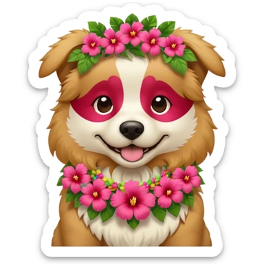 A fluffy dog wearing a bright hibiscus lei, wagging happily. sticker