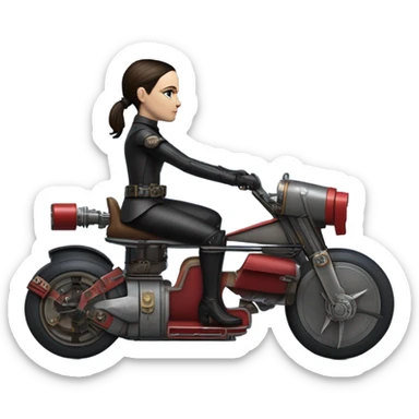 Jedi bounty hunter Wednesday Addams racing in a modern blue,red and pewter steampunk electric luxury flying speeder bike  sticker