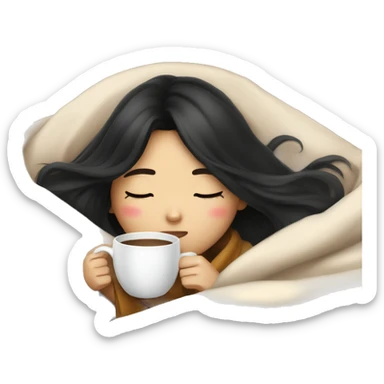 Asian girl inside a blanket sipping coffee eyes closed black hair sticker