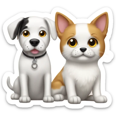 White dog and calico cat sitting next to sticker