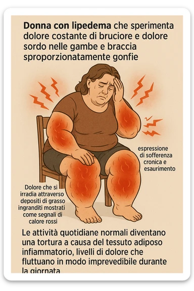"Woman with lipedema experiencing constant burning and aching pain in disproportionately swollen legs and arms, pain radiating through enlarged fat deposits shown as red heat signatures, expression of chronic suffering and exhaustion, normal daily activities becoming torture due to inflammatory adipose tissue, pain levels fluctuating unpredictably throughout the day" scritte in italiano sticker