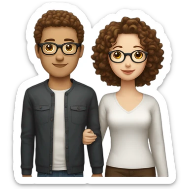 couple holding hands, white girl with round silver glasses and really short brown curly hair, taller white man with brown round glasses and short curly brown hair sticker