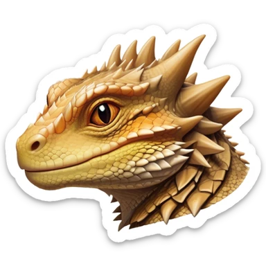 Cinematic Noble Bearded Dragon Portrait Emoji, Poised and regal, with a robust, angular build and a textured, scaled hide in earthy olive and sandy tones, a prominent spiky 'beard' beneath its chin and a keen, alert gaze, Simplified yet sharp and sophisticated features, highly detailed, glowing with a soft, dignified glow, high shine, intelligent and fierce, stylized with an air of desert majesty, focused and attentive, soft glowing outline, capturing the essence of a watchful and commanding reptile, so majestic it feels as though it could scuttle out of the screen with effortless authority! sticker