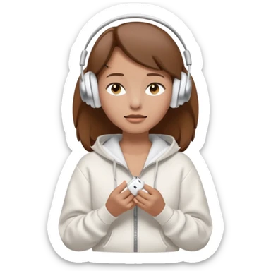 A clean, minimal emoji-style illustration of a light-skinned girl with brown hair worn loose. Her eyes are closed while listening to music with silver AirPods Max. She’s wearing a white zip-up hoodie. Smooth 3D emoji style, soft lighting, neutral tones. sticker