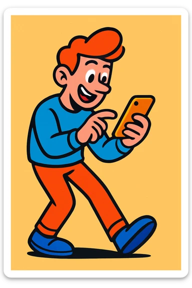 guy scrolling on phone, vibrant cartoon style sticker