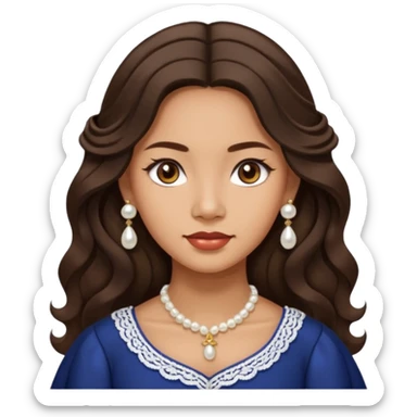 Tan Filipino woman with dark brown eyes and long dark wavy hair parted in the middle wearing a traditional filipiniana and white pearl stud earrings and no other jewelry sticker
