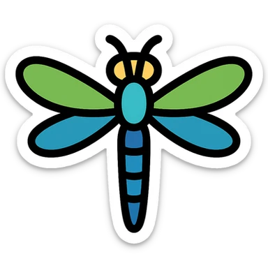 realistic dragonfly with bright green and blue wings, color outline icon style sticker