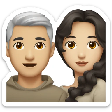 A half pale Asian man with short dark hair and amber eyes embracing and loving a half Asian woman with long wavy dark hair and dark hazel eyes. They love each other a lot And have good fashion taste. sticker