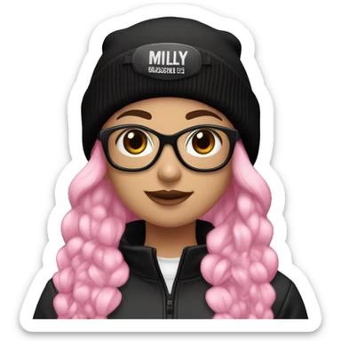 girl with black beanie and black ski goggles on beanie,hime half pink and black hair, and a black jersey that says: MILY 69 sticker