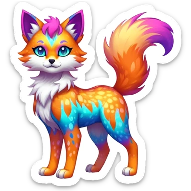 Vibrant multicolored neon-colored Falvie-Fionbri-creature-sparkle-feline-canine-hybrid-fursona, full body, fur pattern-markings sticker