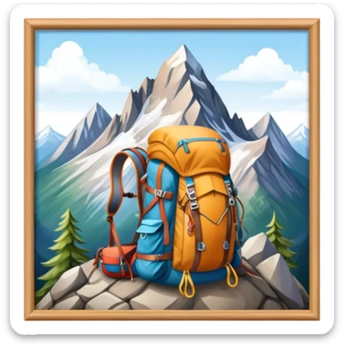 Icon for Mountain Tourism and Climbing: a mountain peak in the background, climbing gear and backpack. The icon should capture the adventure and challenge of alpine exploration. Transparent background. sticker