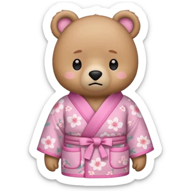 A cute light-brown bear wearing a pastel pink sakura-patterned kimono, normal balanced body ratio.  
Pulling out both empty pockets with a sad and embarrassed expression, small sigh lines.  
Kawaii emoji style, minimalistic clean sticker illustration, white background. sticker