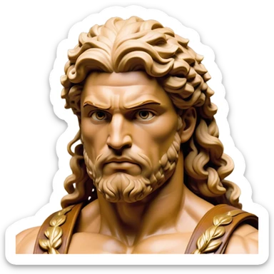 Cinematic Realistic Barbarian Hercules Portrait, depicted as a fierce Greek hero with the chiseled features of Michelangelo's David. His light tan, sculpted skin glows with timeless strength, and his thick, curly, golden brown hair cascades in wild, untamed curls reminiscent of a warrior’s mane. Instead of a flowing white robe with golden accents and a laurel wreath, he wears rugged, weathered leather and fur garments—a tattered, fur-trimmed cloak draped over broad shoulders and a simple circlet forged from iron and bone. His intense, determined eyes exude savage nobility, all rendered under dynamic natural lighting with a mythic, raw, radiant glow. sticker