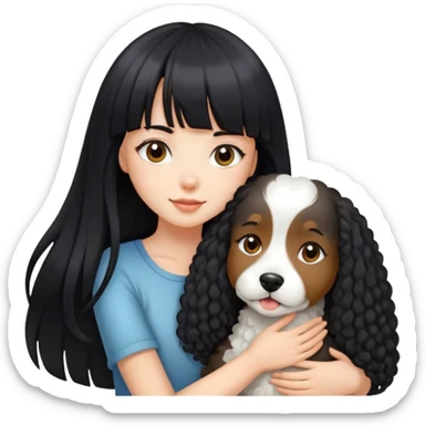 A beautiful girl with long black straight hair and bangs hugs a curly-haired dog sticker