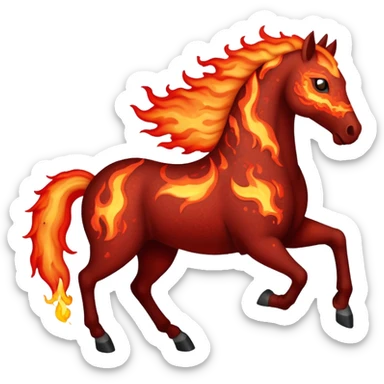 A red fast horse made of embers, magma, and visible lava, with flames burning around it and ash particles floating sticker