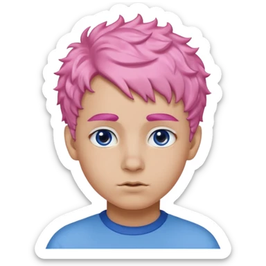 boy with short, curly pink hair, matching blue eyebrows, light brown skin, and a neutral facial expression. sticker