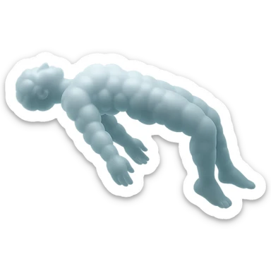 side view of unconscious person flying with torso upwards and legs and arms downwards, made of small very bright white fluffy convex clouds, matte glass style sticker