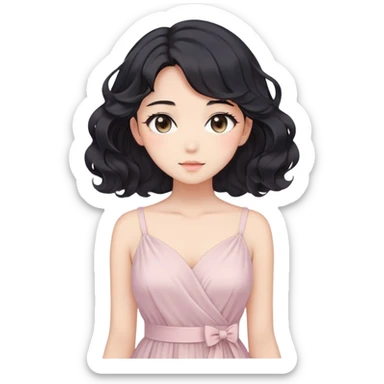 Gorgeous anime lady with elegant black wavy hair wearing a soft flowy feminine dress in pastel colors sticker