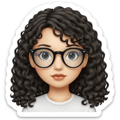 create a frontend girl that has a round face and very long curly hair with a side curtain bangs and wears black square rayban glasses doesnt smile with her teeth and white sticker