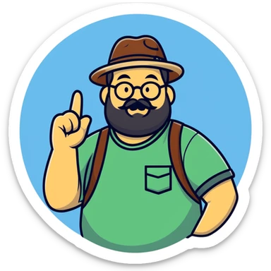 Fat bearded nerd wearing fedora hat pointing up to the sky with finger sticker