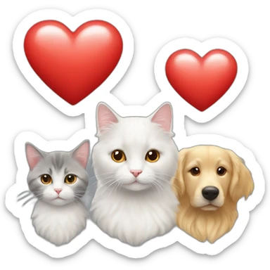 White cat, grey cat and golden retriever in à red heart sticker