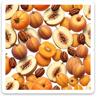 assortment of dried fruits including raisins, apricots, figs, dates, apple rings, gently scattered, natural color and texture, wrinkled, warm orange and brown tones, 3D-rendered, minimalist, no faces, transparent background sticker
