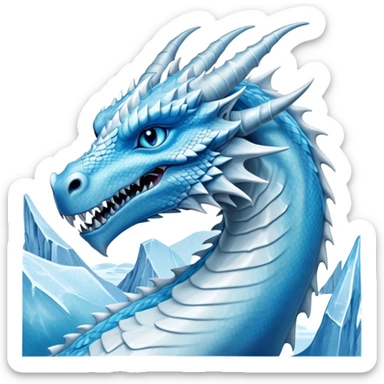 Cinematic Noble elegant Ice Dragon Portrait Emoji, Poised and imposing, distinct long elegant snout, with a slender, scaled body shimmering in glacial hues of icy blue, frostbitten silver, and crystalline white, breathing out frost, with piercing, glowing ice blue white eyes that radiate the chilling depths of an arctic storm; rendered in detail. excuding wisdom sticker