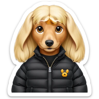 Long hair blonde Daschund dog in oversized black puffer  sticker