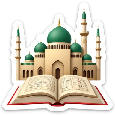 An icon featuring the mosque and the big flag of United Arab Emirates, symbolizing the Arabic language. The design includes an open book with Arabic script and calligraphy, representing language learning and cultural heritage. Transparent background sticker