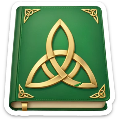 a green closed book with a golden triquetra sticker