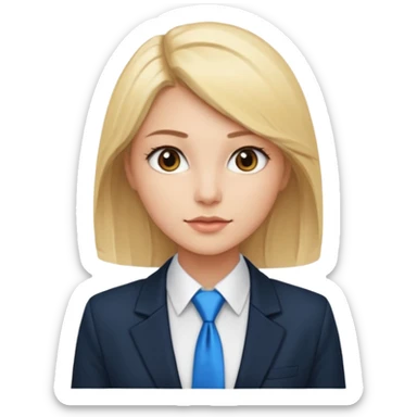 une femme blonde jolie avec des jolies traits avec une chemise blanche et une veste a manche longues et cravate bleu elle a les yeux marron sticker