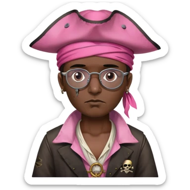 a pirate,from somalia, black skin,big forehead,pink pirate hat, dirty clothes, broken eyeglasses sticker
