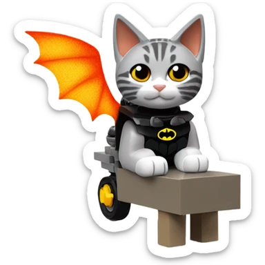 Lego Batman riding a Grey and black tabby kitten with white legs, and wings of fire  sticker
