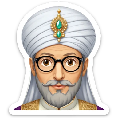 Jeff Goldblum no glasses as a regal portrait dressed as suleiman-the-magnificent,-depicted-as-a-regal-ottoman-sultan-adorned-with-a-large,-white,-round,-tall-turban-and-a-majestic-grey-beard,-his-commanding-gaze-bathed-in-warm,-historic-lighting-that-exudes-timel sticker