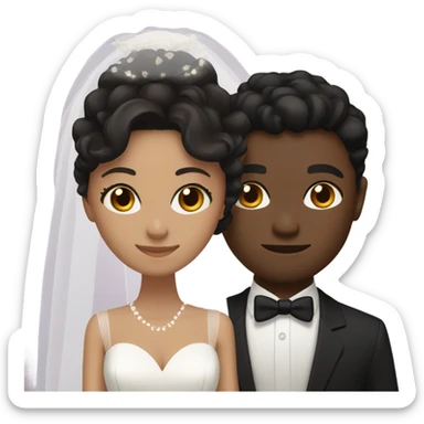 Bride with black wavy hair and light skin, Groom with black short wavy hair and brown skin, both dark brown eyes sticker