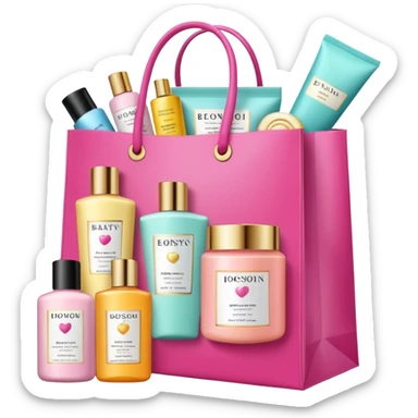 Gift bag with beauty products (shampoo, creams, styling products), a gift bag is beautyful open box full of luxury brand-labeled beauty products sticker