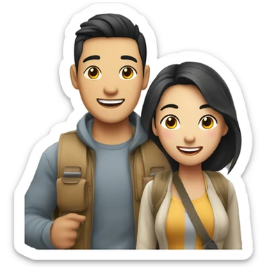 Attractive young  Asian couple excitedly traveling  sticker